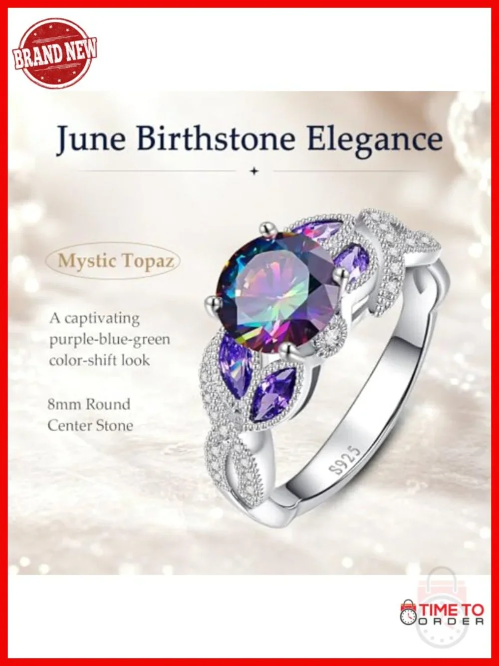 3.6ct 925 Sterling Silver Created Rainbow Topaz Amethyst Ring Bezel Setting